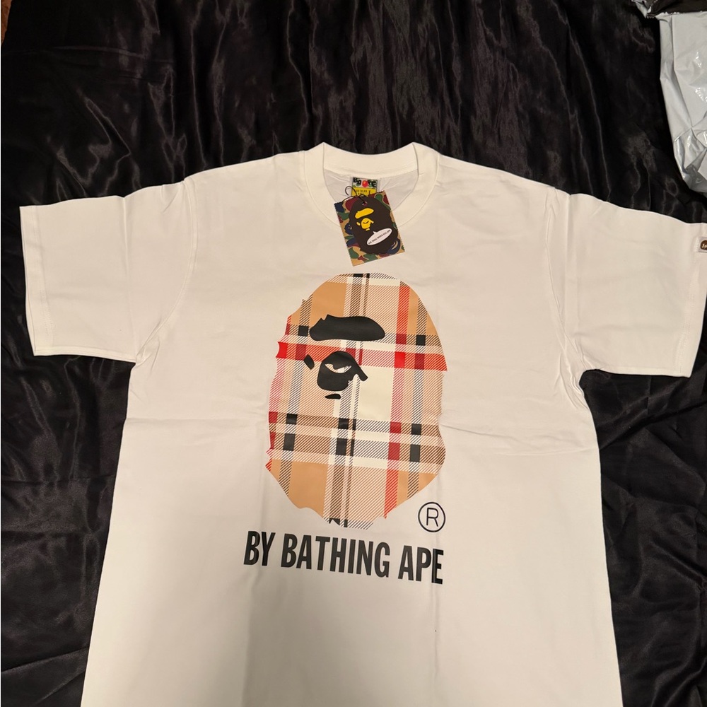 Bape White and Beige Plaid Graphic Tee